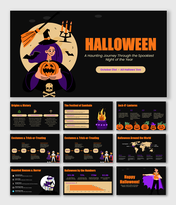 Halloween PPT with dark purple theme, skull hand, pumpkins, bats, charts, icons, shapes, and clean layouts for insights.