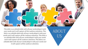 Team members holding large teal, green, yellow, and pink puzzle pieces, with about us text in a blue triangle overlay.