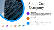 PowerPoint slide with an image of a modern building and social media icons, with text about the company's background.