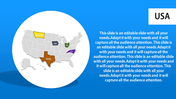 USA map with five colored states inside a white circular frame, alongside text on a bright blue background.