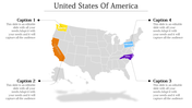 United States map with California, Washington, Pennsylvania, and Virginia marked in colors, linked to four text captions.