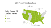 USA map PPT slide showing states with varying daily cases of coronavirus, from 8 to 12 to over 20.
