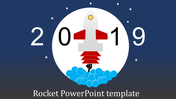 Rocket with blue smoke, red wings, and white body inside a circular frame, set against a dark blue starry background.