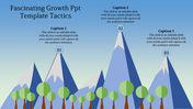 Growth PowerPoint template featuring three mountain peaks with trees and captions for each section.