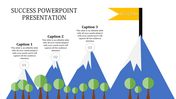 Success PowerPoint template featuring three mountain peaks with caption sections, illustrating a journey to success.