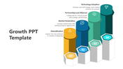 Four 3D columns labeled 01 to 04 representing growth stages, with icons above them and captions on the right.