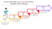 Stage progression diagram with five colorful steps and arrows, showcasing a person climbing from Step 1 to Step 5 in purple.