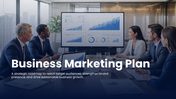 Business marketing plan presentation slides covering market analysis, budgeting, channels, execution, and KPIs.