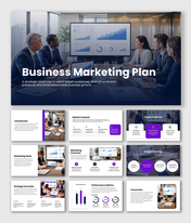 Business marketing plan presentation slides covering market analysis, budgeting, channels, execution, and KPIs.