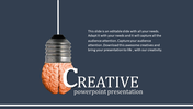 PowerPoint slide featuring a brain inside a lightbulb, symbolizing creativity, with captions.