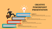 Creative slide showing four books in a staircase design with captions and a glowing light bulb at the top.