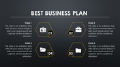 Slide with four hexagonal icons, numbered 01 to 04, and matching text descriptions on a dark textured background.