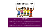 Illustration of children standing together with a best education sign above and a purple text box below.