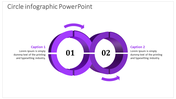 Infographic slide featuring two connected circular rings in purple, numbered 01 and 02, with captions on the left and right.