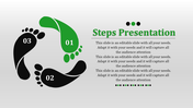 Steps template featuring a circular flow of footprints, with step 01 in green and steps 02 and 03 in black.