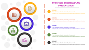 Strategic business plan slide with five colorful circular icons on the left, each labeled Plan 1 to Plan 5 on the right.