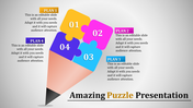 Pencil shaped design with four colorful puzzle pieces numbered 01 to 04, each labeled with a plan and description.