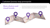 Customer journey map design slide featuring a folded 3D map with four purple location markers and text descriptions.