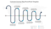 Customer journey map infographic with seven stages, each labeled with a caption areas connected by arrows.