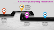 Roadmap with four numbered markers and captions along a winding black path in orange, yellow, purple, and blue.