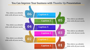 PowerPoint slide featuring six colorful thumbs up icons with numbered captions, showcasing different sections.
