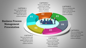 Circular 3D chart with six colorful segments and a team discussion illustration in the center on a light gray background.