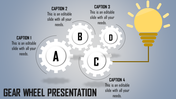 Gear wheel presentation featuring four rotating gears and a lightbulb, symbolizing innovation and collaboration.