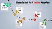 Timeline PowerPoint template with five years represented by colorful markers and icons with placeholder text.