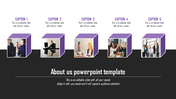 About Us slide with five purple 3D cubes, each containing an image, captions above, and a black footer with title text.