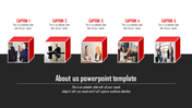 About us slide with five red cubes containing business images from meetings, and teamwork activities, with captions.