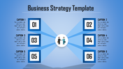 Business strategy template with numbered steps, featuring a handshake icon in the center with captions on a blue theme.