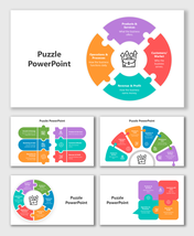 Puzzle ppt with colorful pieces, icons, and text boxes showing business strategy, services, customers, and revenue.