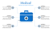 Central blue medical kit icon with six surrounding circular icons connected by arrows, with caption spaces beside each.