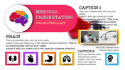 Medical PowerPoint template for brain specialists featuring icons for various organs and medical tools with captions.