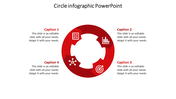 PowerPoint slide featuring a red circle infographic with four segments, each labeled with a caption and icon.