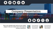 Company slide with a modern building in the background, icons in a dark header and footer, and text sections.