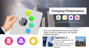Hand holding a gray card with connected captions, a building background, and colorful company business icons.