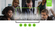 Project report slide featuring a group discussion image, with green accents, and four circular icons below the title.