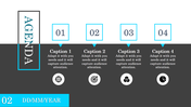 Agenda slide with bold vertical title, four numbered sections in blue accents, and icons below, on a gray background.