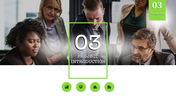 Focused business meeting image with green accents, bold white 03, and four icons at the bottom for a project slide.