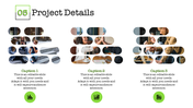 Project details with three columns of photos in circular masks above captions, each with a green icon below.