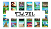 Travel-themed slide featuring a collage of colorful destination photos arranged around a central title.