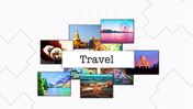Travel PowerPoint template featuring a collage of famous landmarks and scenic views.