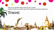 Travel themed PowerPoint template with vibrant design elements, including travel icons and cultural landmarks with text area.