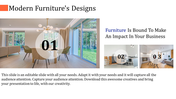 Modern furniture design slide showcasing three interior setups: dining area, minimalist decor, and living space.