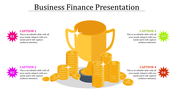 Business slide featuring a golden trophy surrounded by stacks of coins, with four captions in colored starburst shapes.