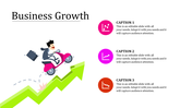 Business growth slide concept with a person on a scooter racing upwards along a green arrow and icons with caption text.