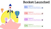 Rocket launching in the sky with a bright yellow background, surrounded by hot air balloons, with four caption boxes.