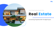 Illustration of a real estate slide showing a broker standing next to a modern house, surrounded by six caption areas.