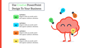 Creative PowerPoint design showing a smiling brain character with light bulbs floating around, and colorful caption boxes.
